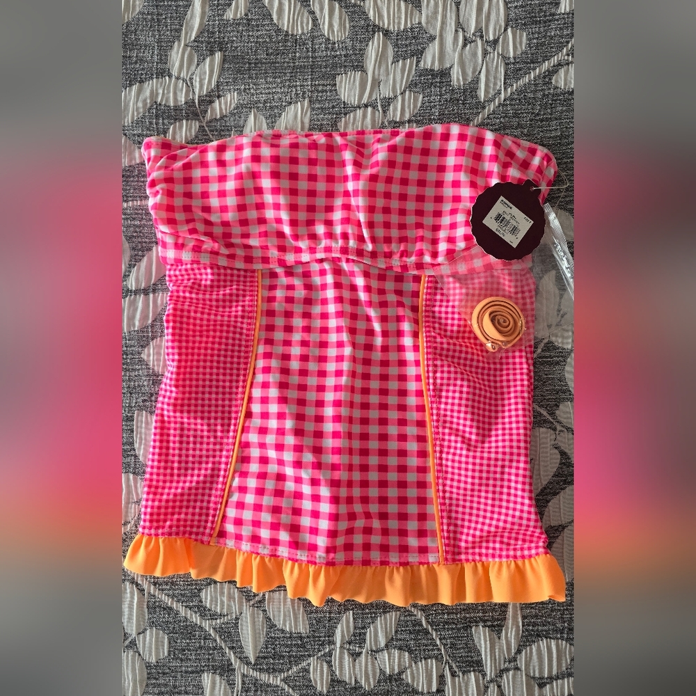 Pink Checkered Strapless Swimming Top with Orange Trim